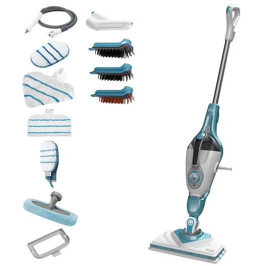 BLACK+DECKER BHSM168DSM steam mop kit with accessories, teal and white, photography, angled on white background.