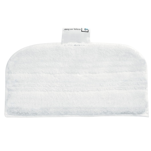 BLACKDECKER BHSM168D white rectangular steam mop pad with Velcro tab, product photo on white background.