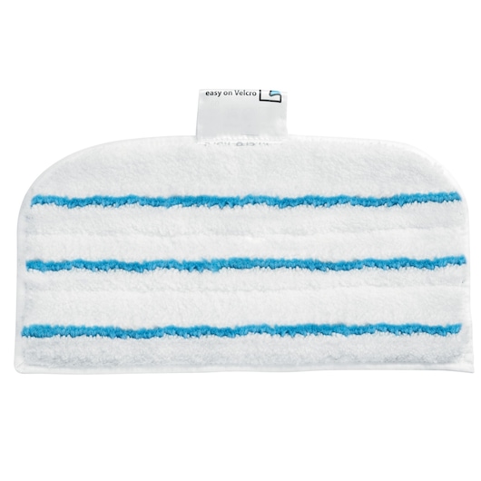 BLACKDECKER BHSM168D steam mop pad with white fabric and blue stripes, front angle on white background.