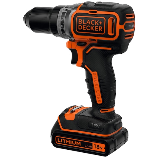 A BLACK+DECKER cordless drill with an 18V lithium battery and brushless motor. The drill is black with orange accents and has a comfortable grip.