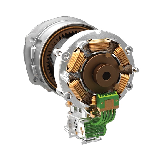 BLACKDECKER BL188E2K brushless motor with copper windings, green wires, and silver casing, angled view.