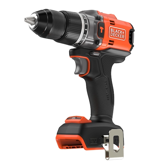 Cordless Black+Decker power drill with an ergonomic black and orange design, adjustable torque settings, and a metal belt clip attached to the base.