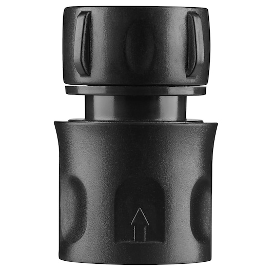 Close-up image of a black plastic connector piece with textured grip and arrow marking, typically used for attaching hoses or accessories.