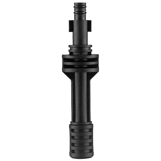 A BLACK+DECKER pressure washer adapter accessory, made from black durable plastic, shown on a white background.