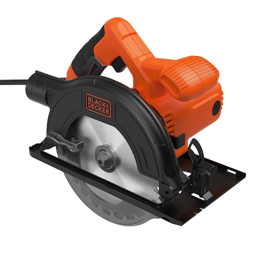 A BLACK+DECKER electric circular saw with an orange and black casing, featuring a visible metal blade and ergonomic handle.