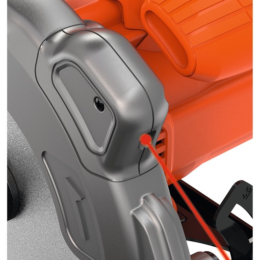 Close-up photo of BLACK+DECKER circular saw CS1250LKA showing integrated red laser guide for precise cutting.