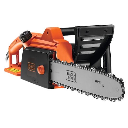 A BLACK+DECKER electric chainsaw with an orange and black body and a 40cm metal chain bar.
