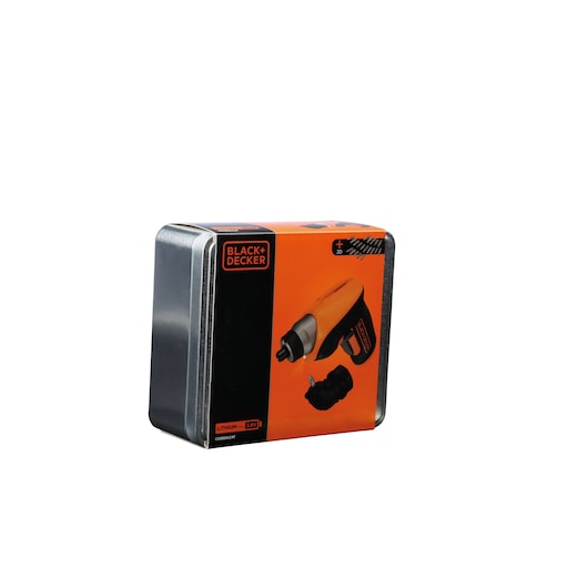 BLACK+DECKER product packaging showing a lithium cordless screwdriver kit in an orange and black metal box, with an image of the screwdriver and accessories on the front.