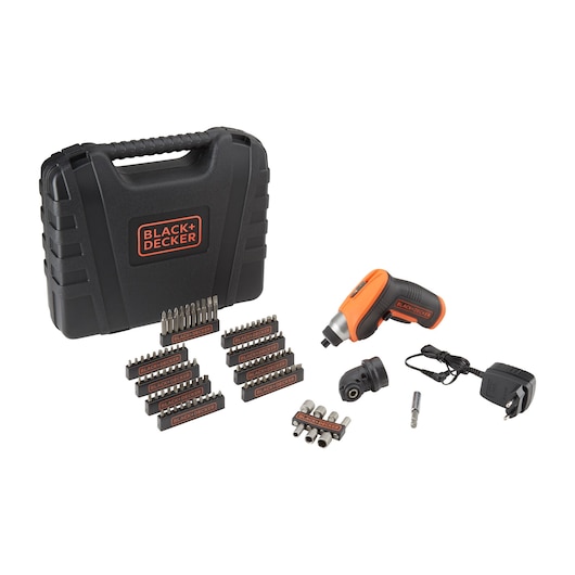 A BLACK+DECKER cordless screwdriver set with multiple drill bits, accessories, a charger, and a sturdy black carrying case displayed on a white background.