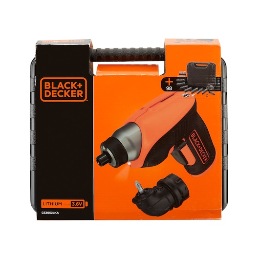 BLACK+DECKER lithium 3.6V cordless screwdriver kit in a black and orange carrying case, showing the screwdriver and accessories.