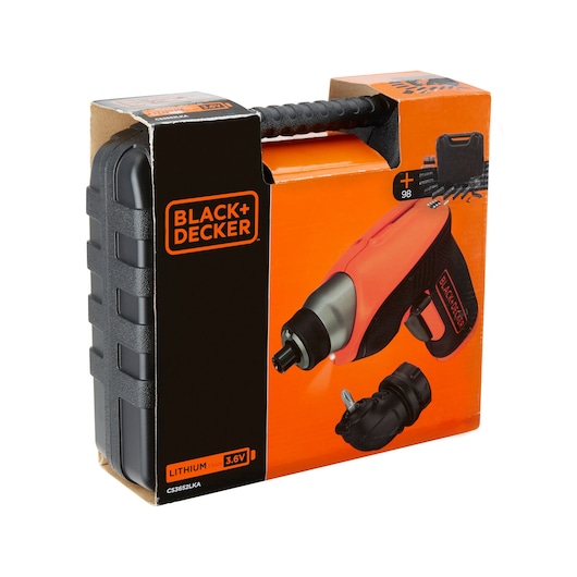 BLACK+DECKER lithium 3.6V cordless screwdriver set in retail packaging, including a hard carrying case, bits and accessories. The box is orange and black with product branding and images.