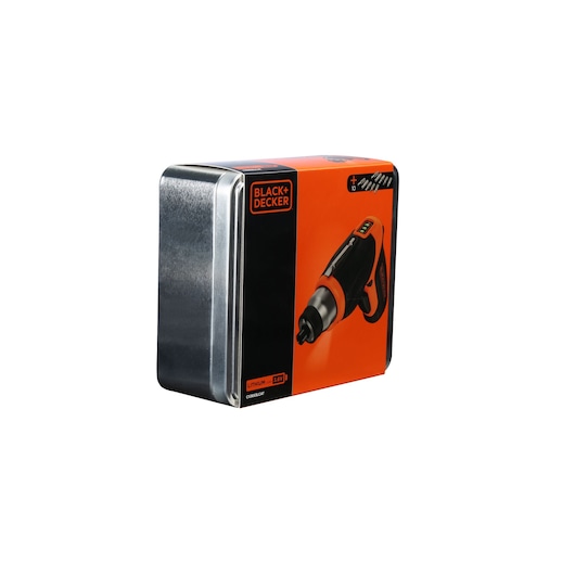 A product packaging box for a BLACK+DECKER cordless screwdriver set, mainly orange and black, showing an image of the tool and its accessories. The box is placed against a plain white background.