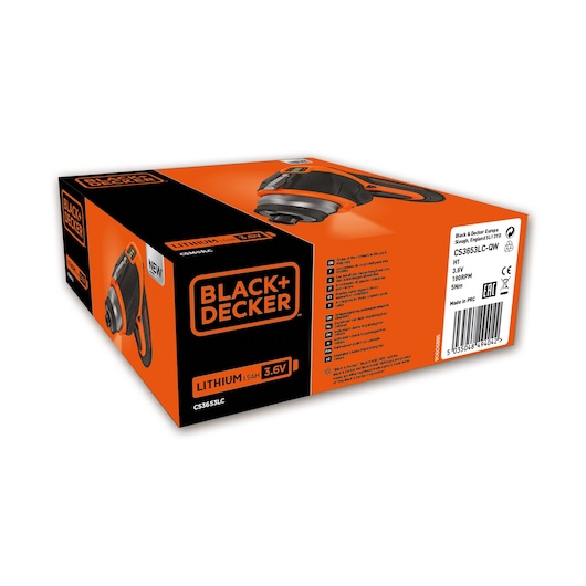 Packaging box for BLACK+DECKER Lithium 3.6V CS3653LC cordless screwdriver. The box is orange and black with product branding and technical details visible.