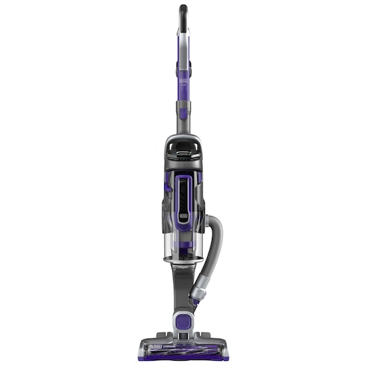 Upright vacuum cleaner with a transparent dust container, detachable hose, and a purple and grey design, shown standing upright.