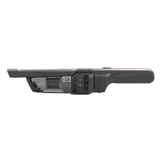 Side view of a Black+Decker handheld cordless vacuum cleaner, featuring a sleek grey and black design with visible dust container and filter mechanism.