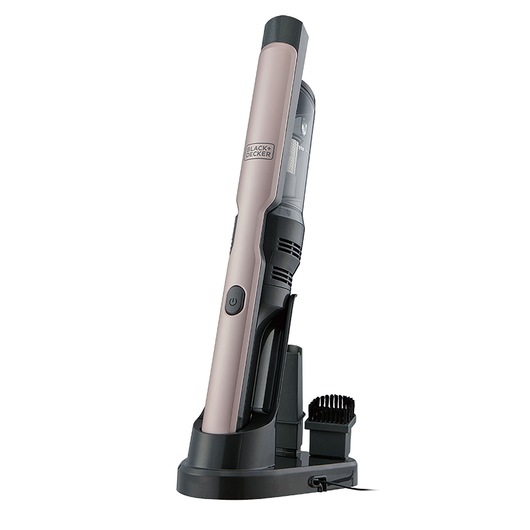 A BLACK+DECKER handheld cordless vacuum cleaner in rose gold color, standing upright in its charging base, with an accessory brush attachment visible.