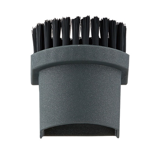 A close-up view of a grey cylindrical vacuum brush attachment with black synthetic bristles, photographed on a plain white background.