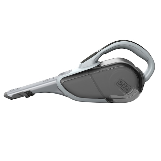 A BLACK+DECKER handheld cordless vacuum cleaner with a sleek, grey and black design, featuring an ergonomic handle and a transparent dust container.