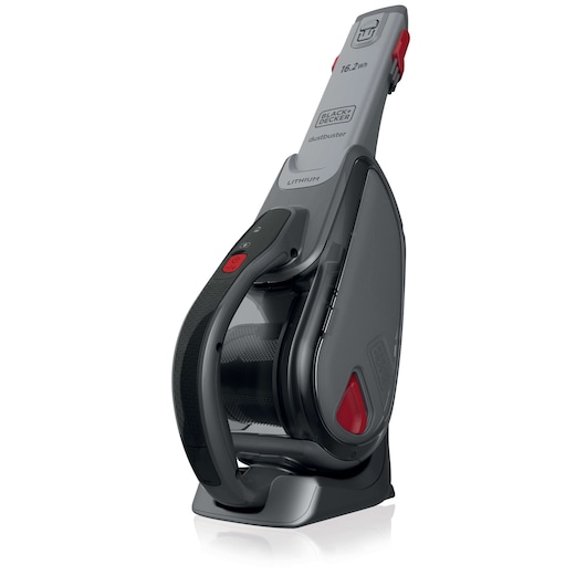 BLACK+DECKER DVJ315B handheld vacuum cleaner, grey and red, side angle on white background.