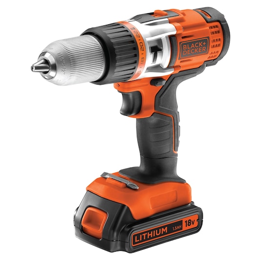 A BLACK+DECKER cordless electric drill with an orange and black body, labeled as 18V lithium 1.5Ah. The drill features a textured grip, a metallic chuck, and a battery pack attached at the base.