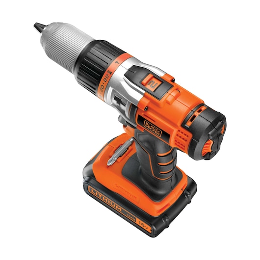 A BLACK+DECKER cordless power drill with an 18V lithium battery, featuring an ergonomic black and orange design and a keyless chuck.
