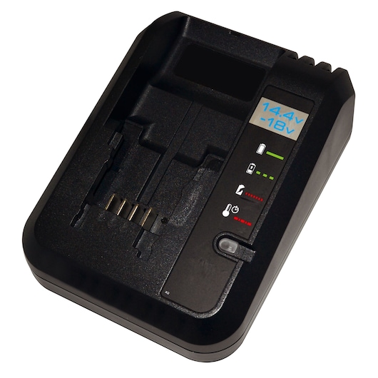 A BLACK+DECKER battery charger compatible with 14.4V and 18V batteries. The charger is black and has indicator lights for battery status and charging process.