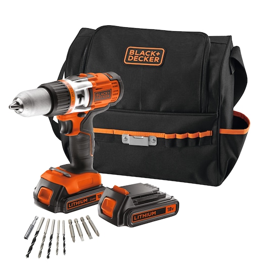 BLACK+DECKER cordless drill set with an 18V lithium battery, charger, multiple drill bits, and a black and orange carrying bag displayed together.
