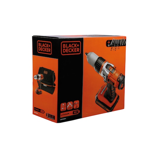 Photo of BLACK+DECKER EGBHP188BSA cordless drill set box, orange and black, showing drill, accessories, and carrying bag, angled view.