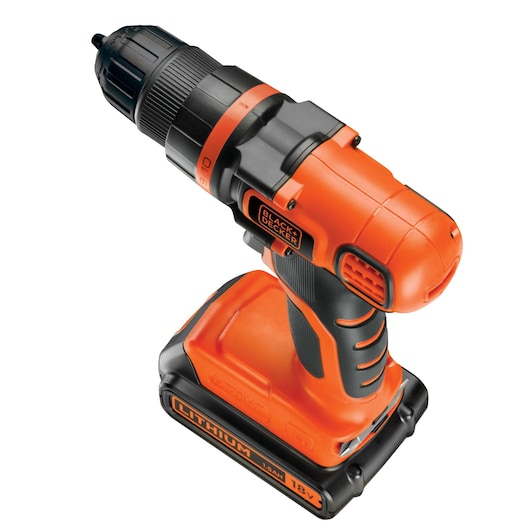 A BLACK+DECKER cordless drill, model EGBL18K, featuring an orange and black design with a lithium-ion 18V battery, shown against a white background.