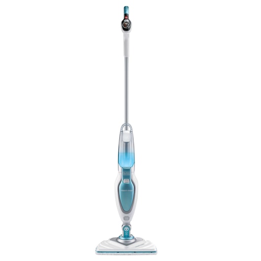 BLACKDECKER FSM1630 upright steam mop, blue and white, front angle, photography on white background.