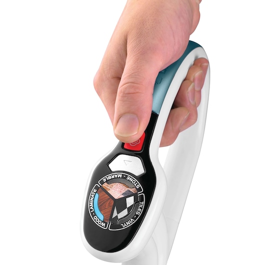 BLACKDECKER FSM1630 steam mop handle close-up with user hand adjusting floor type settings dial.