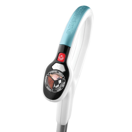 BLACKDECKER FSM1630 steam mop handle close-up with control panel and settings dial, photographed on white background.