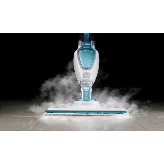 BLACKDECKER FSM16CD steam mop on tile floor releasing steam, front view, white and turquoise design.