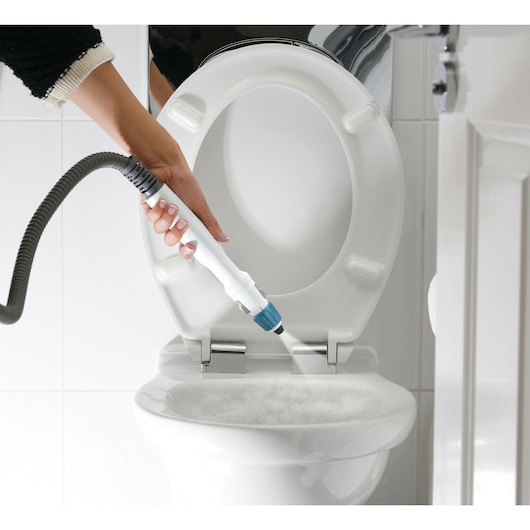 BLACKDECKER FSMH1321JSM steam cleaner accessory cleaning a toilet seat hinge in a bathroom.