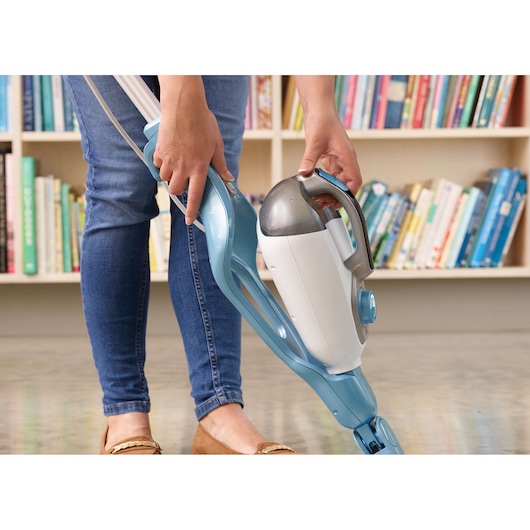 BLACKDECKER FSMH1321 steam mop with detachable handheld unit, blue and white, in home setting.
