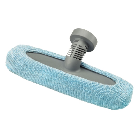 BLACKDECKER FSMH1351SM steam mop accessory with gray plastic base and blue microfiber pad, angled on white background.