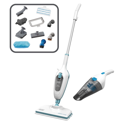 BLACK+DECKER steam mop cleaning set, showing main steam mop, handheld vacuum, and a variety of interchangeable cleaning attachments and pads.