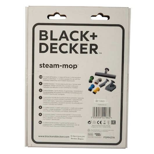 BLACK+DECKER steam-mop FSMH21A pack rear view with accessory images and multi-language details.