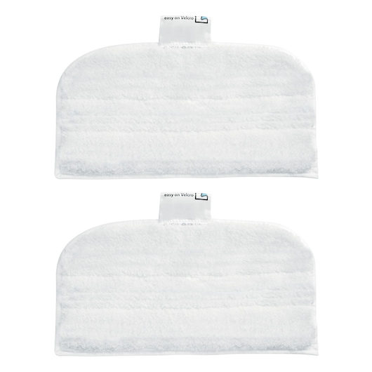 Two rectangular white microfiber steam mop pads with labeled Velcro tabs, intended for use with BLACK+DECKER steam mops.