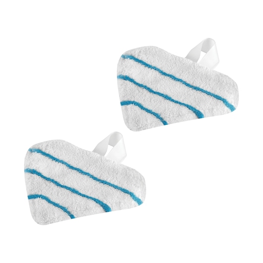 BLACK+DECKER FSMP30 white microfiber steam mop pads with blue stripes, set of two, top view on white background.