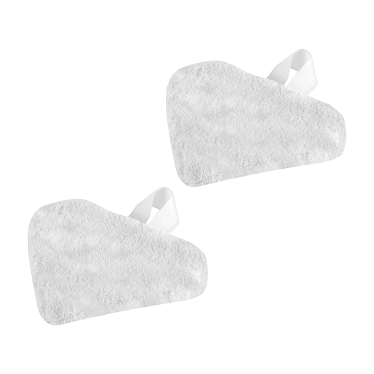 Two white triangular microfiber cleaning pads with a strap attachment, displayed on a plain white background.