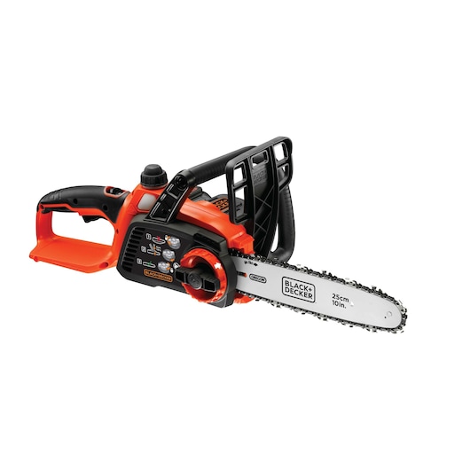 A BLACK+DECKER cordless chainsaw with a 25 cm (10 inch) blade, designed in orange and black colors. The product features ergonomic handles and safety guard, suitable for cutting wood and branches.