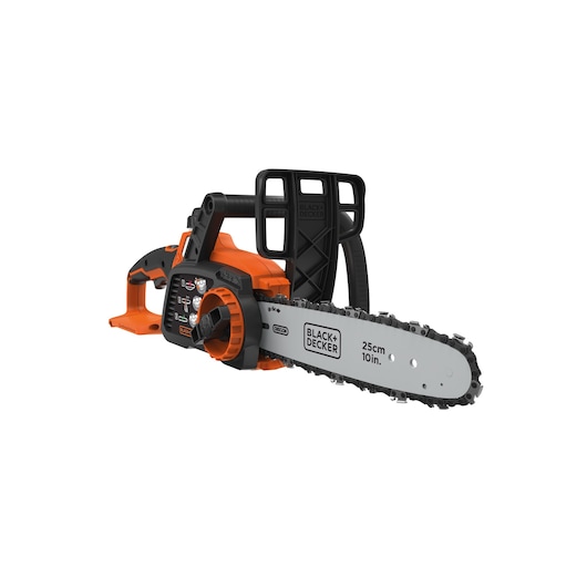 BLACK+DECKER GKC1825LB cordless chainsaw, 25cm blade, side view, orange and black design, white background.