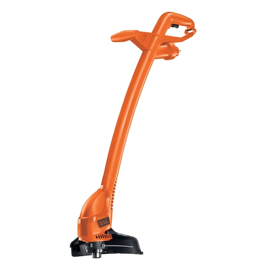 BLACKDECKER GL360 orange corded grass trimmer, side angle on white background.
