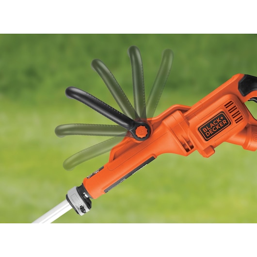 Photo of BLACK+DECKER grass trimmer GL8033 handle showing adjustable multi-position grip, side view.