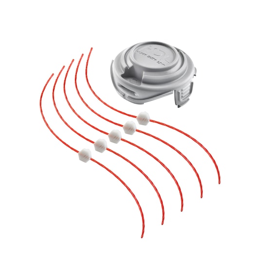 BLACKDECKER GL9035 trimmer spool with five red cutting lines and white spacers, front angle.