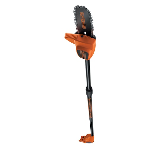 BLACKDECKER GPC1820LB cordless pole saw, orange and black, product side angle, white background.