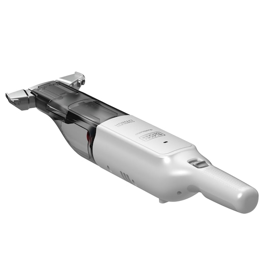BLACKDECKER HLVC315B11 handheld vacuum cleaner, white and gray, front angled view, photography product.