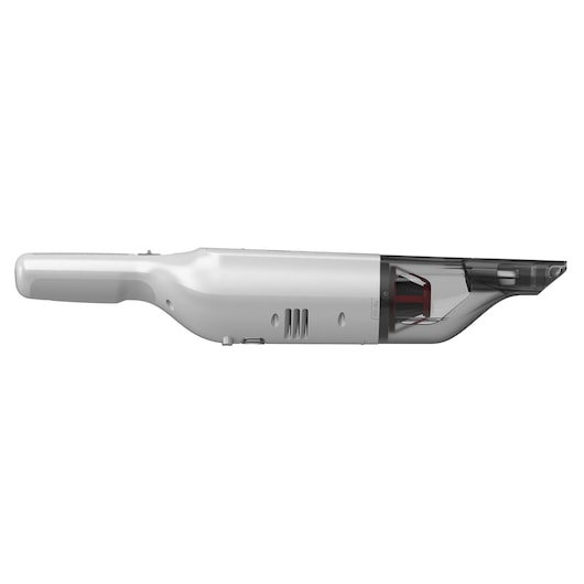 BLACKDECKER HLVC315B11 handheld vacuum cleaner, side view, white body with transparent nozzle, photography.