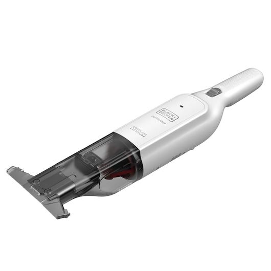 BLACK+DECKER HLVC315J11 cordless handheld vacuum cleaner in white with a transparent dust container and extendable nozzle, shown against a white background.